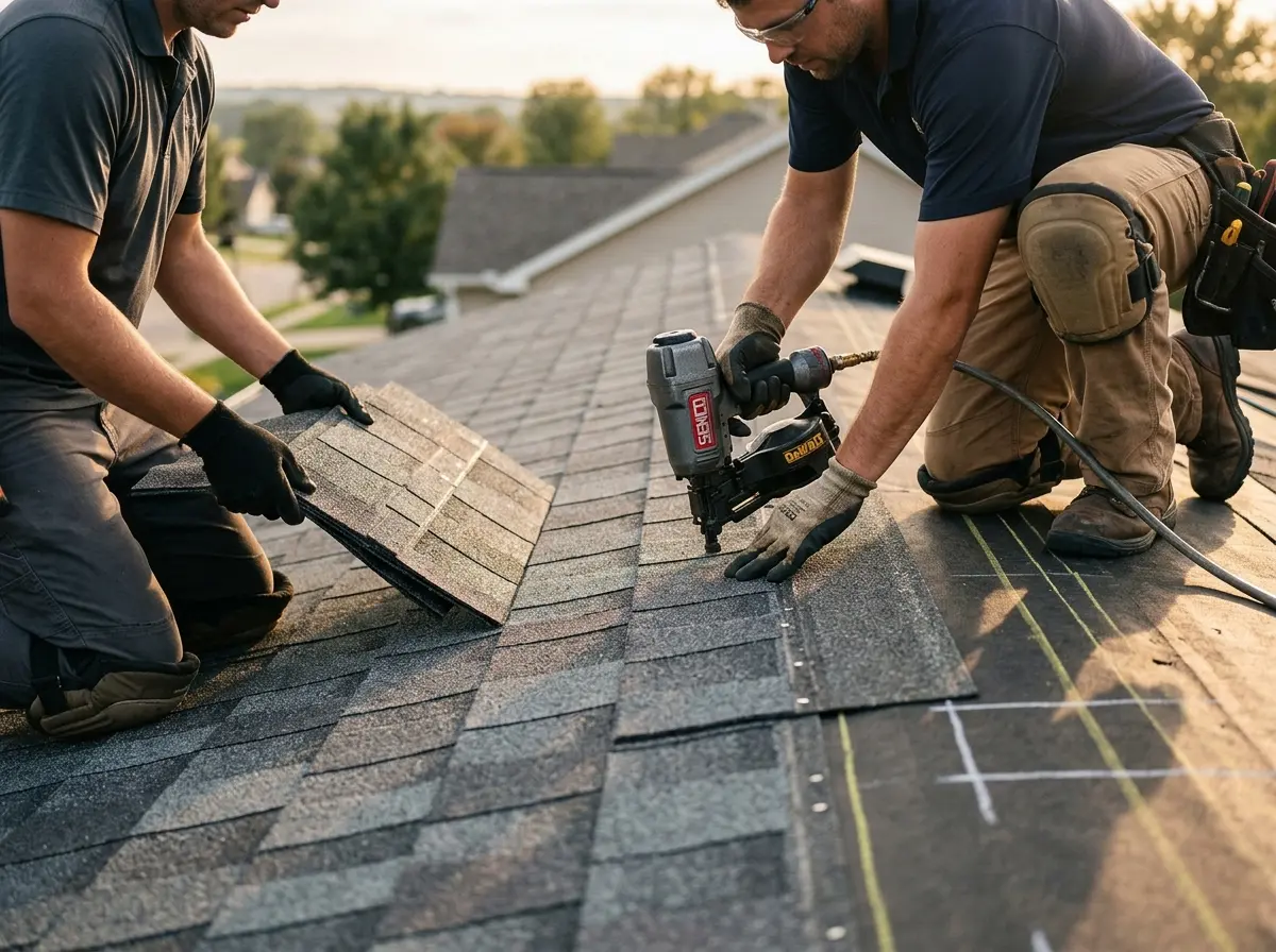 Professional roofer working on a residential roof in Pearland
